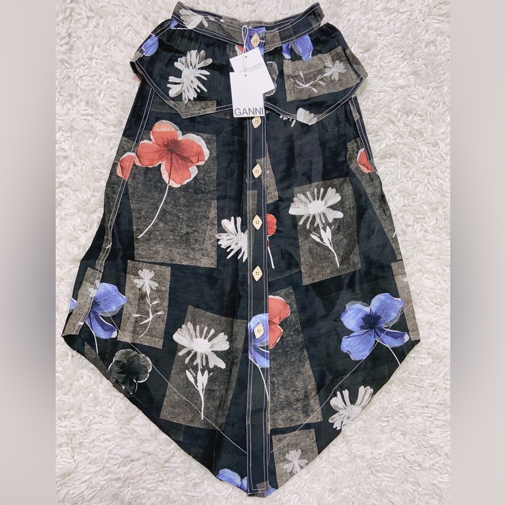 NWT Ganni Asymmetric Floral Linen-Silk Midi Skirt Sz XS